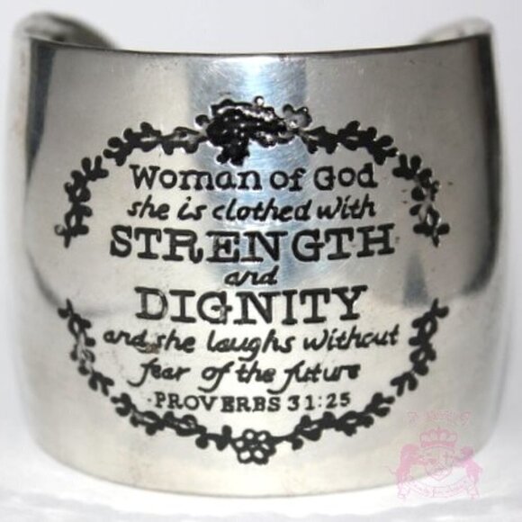 Woman of God Proverbs 31:25 Strength Dignity Antique Silver Tone Cuff Bracelet - Picture 1 of 3
